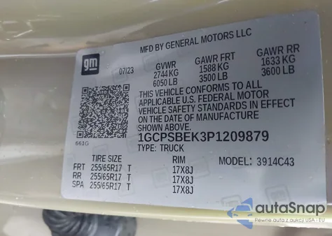 2023 Chevrolet Colorado 2Wd Short Box Wt z USA, uszkodzony, nr VIN 1GCPSBEK3P1209879